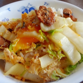 鰯のかば焼き缶と白菜の卵とじ丼